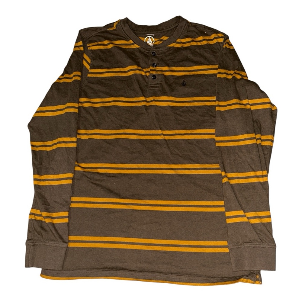 Volcom Brown Shirt with Yellow Stripes Long Sleeves Women Medium size